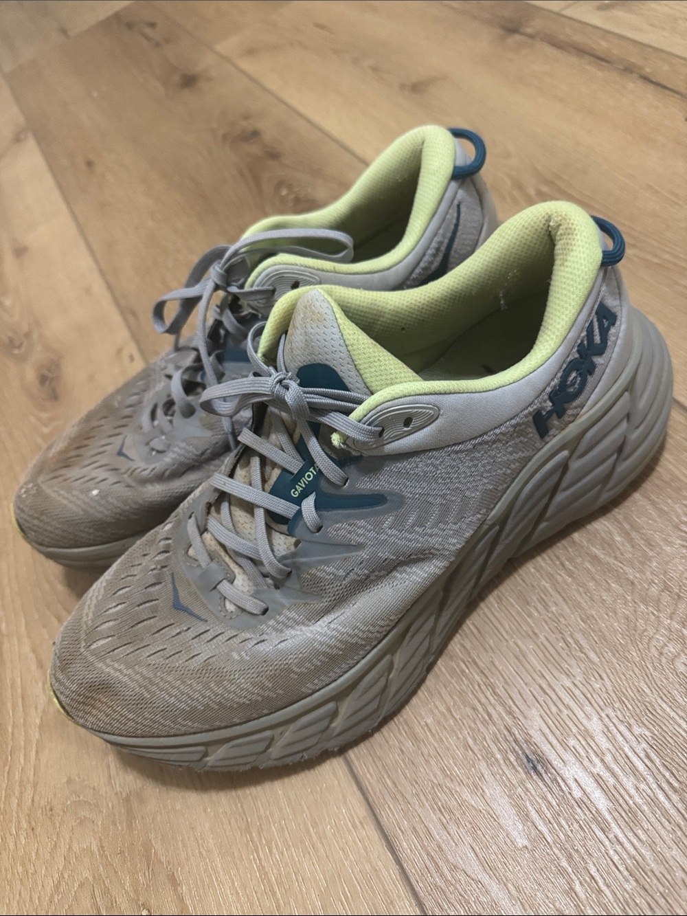 Hoka Running Shoes in Light Gray with Lime Accents